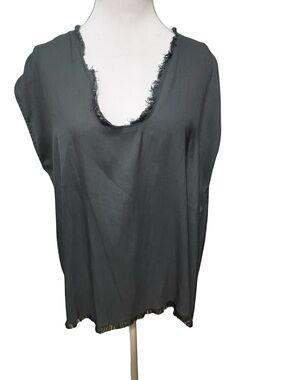 Frayed V-Neck Tunic Top in a Deep Greenish Gray Color